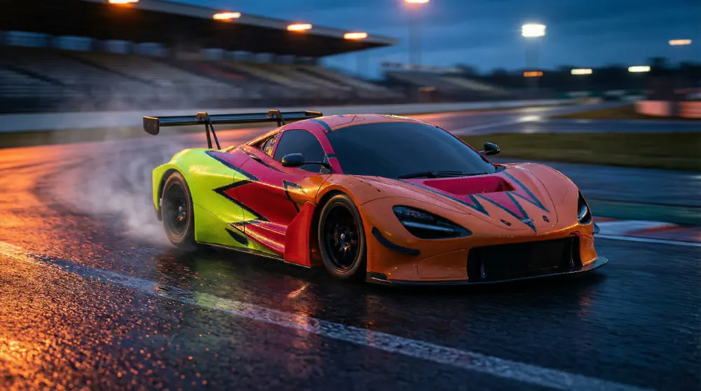 Custom-liveried 1/28 scale RC race car on a night circuit